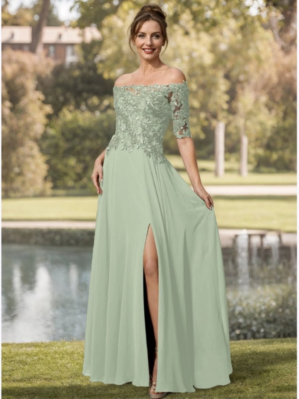 A Line- Off the Shoulder Chiffon - size 14 Tall - Celadon Green